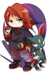 Rule 34 | 1boy, black footwear, black jacket, boots, closed mouth, commentary request, creatures (company), frown, game freak, gen 2 pokemon, grey eyes, hand up, holding, holding poke ball, jacket, long hair, long sleeves, male focus, mooooooi, nintendo, orange hair, pants, pants tucked in, poke ball, poke ball (basic), pokemon, pokemon (creature), pokemon gsc, silver (pokemon), sneasel, standing, twitter username