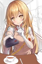 Rule 34 | + +, 1girl, blonde hair, blush, brown eyes, chain, closed mouth, collared shirt, commentary, controller, cup, elbow gloves, english commentary, gloves, hair between eyes, head tilt, highres, hitsukuya, holding, index finger raised, long hair, looking at viewer, outstretched arm, remote control, saucer, school uniform, shirt, shokuhou misaki, short sleeves, sitting, smile, solo focus, sweater vest, table, toaru kagaku no railgun, toaru majutsu no index, tokiwadai school uniform, upper body, very long hair, white gloves, white shirt