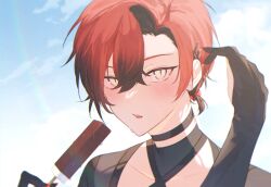 Rule 34 | 1boy, bishounen, black gloves, blush, food, gloves, hand up, highres, holding, holding food, holding popsicle, holostars, holostars english, looking at viewer, machina x flayon, male focus, open mouth, popsicle, red hair, short hair, solo, sweat, upper body, xmayo0x