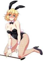 Rule 34 | 1girl, alternate costume, animal ears, bad id, bad pixiv id, blonde hair, blush, bow, bowtie, breasts, cane, cleavage, detached collar, fingernails, fishnet pantyhose, fishnets, full body, green eyes, green nails, high heels, highres, large breasts, leotard, mizuhashi parsee, nail polish, ootsuki wataru, pantyhose, playboy bunny, pointy ears, rabbit ears, rabbit tail, short hair, simple background, solo, tail, touhou, white background, wrist cuffs