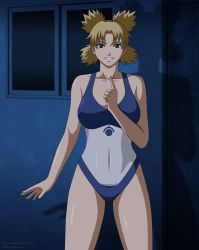 Rule 34 | 1girl, artist name, blonde hair, cowboy shot, elec-ant, grin, highres, legs apart, looking at viewer, naruto, naruto (series), night, one-piece swimsuit, shiny skin, smile, solo, standing, swimsuit, temari (naruto), thigh gap, thighs, twitter username