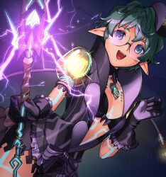 Rule 34 | 1girl, :d, asagi (banzoku210), bra, breasts, dutch angle, gloves, glowing, glowing sword, glowing weapon, green eyes, green hair, highres, holding, holding sword, holding weapon, jacket, looking at viewer, medium breasts, open mouth, pandoria (xenoblade), pointy ears, purple bra, purple gloves, purple jacket, purple shorts, round eyewear, short hair, shorts, smile, solo, sword, tareme, teeth, underwear, upper body, upper teeth only, weapon, xenoblade chronicles (series), xenoblade chronicles 2