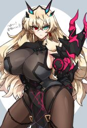 Rule 34 | 1girl, barghest (fate), barghest (second ascension) (fate), black dress, blonde hair, breasts, chain, closed mouth, dress, expressionless, fate/grand order, fate (series), gauntlets, green eyes, heterochromia, highres, horns, large breasts, long hair, moyashi (tenor366), red eyes, simple background