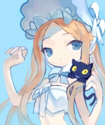 Rule 34 | 1girl, abigail williams (fate), abigail williams (swimsuit foreigner) (fate), abigail williams (swimsuit foreigner) (third ascension) (fate), animal, animal on shoulder, arched back, bikini, black cat, blonde hair, blue background, blue eyes, bow, cat, cat on shoulder, chin strap, closed mouth, dot mouth, expressionless, fate/grand order, fate (series), forehead, frilled bonnet, hands up, hat, hat bow, highres, long hair, looking at viewer, nedoco, parted bangs, sidelocks, simple background, solo, swimsuit, upper body, white bikini, white bow