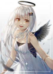 Rule 34 | 1girl, bare shoulders, black feathers, black halo, black wings, breasts, brown eyes, commentary request, dark halo, doll joints, dress, english text, feathered wings, feathers, gradient background, grey background, hair between eyes, hair ornament, hairclip, halo, halterneck, highres, ji dao ji, joints, long hair, looking at viewer, original, silver hair, skull hair ornament, sleeveless, sleeveless dress, small breasts, solo, very long hair, white background, white dress, wings
