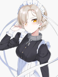 Rule 34 | 1girl, apron, azur lane, blonde hair, blush, braid, breasts, chain, collar, commentary request, dress, frills, hair over one eye, kohakope, long sleeves, looking at viewer, maid, maid headdress, medium breasts, partial commentary, sheffield (azur lane), short hair, solo, white apron, yellow eyes