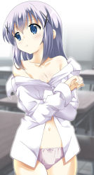 Rule 34 | 1girl, bad id, bad pixiv id, bare shoulders, blue eyes, blue hair, blurry, blush, bow, bow panties, breasts, chair, classroom, cleavage, collarbone, commentary request, cowboy shot, crossed arms, day, depth of field, desk, gochuumon wa usagi desu ka?, hair ornament, hairclip, highres, indoors, kafuu chino, kohakugin, light blue hair, long hair, long sleeves, looking away, navel, off shoulder, outline, panties, parted lips, pink panties, school, shirt, sidelocks, small breasts, solo, standing, teeth, tile floor, tiles, underwear, undressing, wall, white outline, white shirt, window, x hair ornament