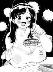 Rule 34 | 1girl, :d, blush, breast rest, breasts, cleavage, food, fork, greyscale, highres, holding, holding fork, huge breasts, incoming food, large breasts, long hair, looking at viewer, monochrome, open mouth, original, ryusei hashida, smile, solo, steak