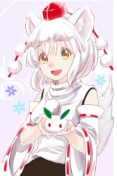 Rule 34 | 1girl, :d, animal ear fluff, animal ears, bare shoulders, black skirt, bogyaku no m, food, holding, holding food, inubashiri momiji, mochi, open mouth, pink background, pom pom (clothes), shirt, short hair, skirt, smile, solo, tail, touhou, white hair, white shirt, white sleeves, winter, wolf ears, wolf girl, wolf tail, yellow eyes