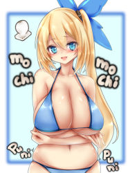 Rule 34 | 1girl, bare shoulders, bikini, blonde hair, blue background, blue bikini, blush, border, bow, breasts, cleavage, collarbone, crossed arms, hair bow, highres, huge breasts, long hair, looking at viewer, mirai akari, mirai akari project, mitsuru (madeinore), navel, open mouth, side ponytail, solo, swimsuit, tears, text focus, tongue, virtual youtuber, white border