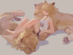 Rule 34 | 1girl, absurdres, animal ears, arknights, bare arms, bare legs, barefoot, black choker, black shorts, blonde hair, breasts, candy, carbonizedc, choker, cleavage, commentary, demozeroc, food, food in mouth, full body, grey background, highres, lion, lion ears, lollipop, medium breasts, ponytail, shadow, shorts, siege (arknights), simple background, sitting, solo, tank top, white tank top, yellow eyes