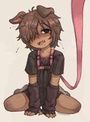 Rule 34 | 1girl, animal ears, arms between legs, blush, brown eyes, brown hair, brown shirt, commission, dark skin, detached sleeves, dirty, dog ears, dog girl, drooling, droopy ears, fangs, flea (animal), hair over one eye, half-closed eye, half-closed eyes, highres, leash, messy hair, mole, mole under eye, nose blush, open mouth, original, pink leash, saliva, shirt, sitting, socks, solo, syrupmelty, viewer holding leash, wariza, white background