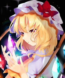Rule 34 | 1girl, ascot, black background, blonde hair, closed mouth, commentary, crystal, dark background, flandre scarlet, from side, glowing, glowing wings, hat, highres, hyaku paasento, looking at hands, medium hair, mob cap, multicolored wings, puffy short sleeves, puffy sleeves, red eyes, red vest, shirt, short sleeves, solo, symbol-only commentary, touhou, upper body, vest, white hat, white shirt, wings, yellow ascot