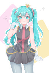 Rule 34 | 1girl, abstract background, aqua eyes, aqua hair, arm at side, bare arms, collar, commentary, cowboy shot, crown, dot nose, dress, gloves, grey pantyhose, hair between eyes, hair ornament, hands in own hair, hatsune miku, highres, kimagure mercy (vocaloid), long hair, looking at viewer, mini crown, mokoinu (pixiv 27216243), outline, pantyhose, pleated dress, sleeveless, sleeveless dress, smile, solo, standing, twintails, very long hair, vocaloid, white collar, white gloves, white outline