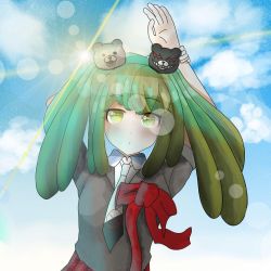 Rule 34 | arms up, bear hair ornament, black shirt, blue background, blue sky, blush, bow, child, cloud, cloudy sky, cosplay, danganronpa (series), danganronpa 3 (anime), danganronpa another episode: ultra despair girls, enoshima junko, enoshima junko (cosplay), eyebrows, green eyes, green hair, hair ornament, hands up, highres, long hair, looking at viewer, matching hair/eyes, official alternate costume, pleated skirt, red bow, red ribbon, red skirt, ribbon, shirt, short sleeves, simple background, skirt, sky, sky, sun, sunlight, towa monaca, twintails, upper body
