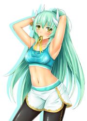 Rule 34 | 1girl, alternate costume, aqua hair, armpits, arms behind head, arms up, black pantyhose, blush, breasts, closed mouth, collarbone, cowboy shot, cropped legs, fate/grand order, fate (series), gold trim, highres, horns, hozenkakari, kiyohime (fate), long hair, looking at viewer, medium breasts, midriff peek, military, military uniform, mouth hold, naval uniform, pantyhose, pantyhose under shorts, pond, ponytail, shiny clothes, shiny skin, shorts, simple background, smile, solo, standing, straight hair, uniform, very long hair, white background, white hair, white shorts, yellow eyes