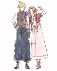 Rule 34 | 1boy, 1girl, aerith gainsborough, ancotsubu, armor, baggy pants, bandaged arm, bandages, bangle, belt, blonde hair, blue pants, blue shirt, blush, boots, bracelet, brown footwear, brown hair, choker, closed eyes, cloud strife, cropped jacket, dress, final fantasy, final fantasy vii, final fantasy vii remake, flower choker, full body, hand on own hip, hand up, highres, holding another&#039;s arm, jacket, jewelry, leather belt, long dress, long hair, multiple belts, open mouth, pants, parted bangs, pink dress, red jacket, shirt, short hair, short sleeves, shoulder armor, single bare shoulder, sketch, sleeveless, sleeveless turtleneck, smile, spiked hair, standing, sweatdrop, turtleneck, white background