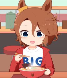 Rule 34 | 1girl, :d, absurdres, animal ears, blue eyes, blush, bowl, brown hair, chopsticks, clothes writing, food, gomashio (goma feet), hair between eyes, highres, holding, holding chopsticks, horse ears, indoors, jacket, long sleeves, narita taishin (umamusume), open clothes, open jacket, open mouth, parted bangs, red jacket, shirt, sleeves past wrists, smile, solo, stool, tray, umamusume, upper body, white shirt