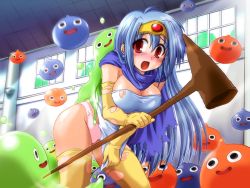 Rule 34 | 1girl, :d, :o, black eyes, blue hair, blue skin, blush, breasts, bubble slime, cape, chunsoft, circlet, cleavage, colored skin, dragon quest, dragon quest iii, dress, elbow gloves, enix, game cg, gem, gloves, green skin, hair between eyes, holding, imminent rape, indoors, jumping, large breasts, leaning forward, long hair, monster, motion blur, no bra, non-web source, o o, open mouth, orange skin, panties, pink panties, red eyes, sage (dq3), shirt, short dress, sideboob, skirt, skirt tug, slime (dragon quest), she-slime, smile, splush wave, staff, standing, surprised, sweat, taut clothes, taut shirt, thighhighs, thighs, torn clothes, torn legwear, underwear, very long hair, weapon, window, yellow thighhighs, you gonna get raped