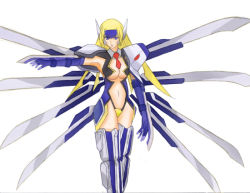 Rule 34 | 1girl, arc system works, blazblue, blonde hair, breasts, cleavage, elbow gloves, female focus, gloves, ky fantoccini, long hair, mecha musume, midriff, mu-12, necktie, solo, thighhighs, tiara, white background