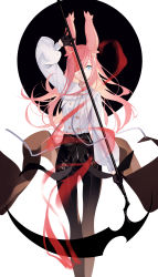 Rule 34 | 1girl, animal ear fluff, animal ears, bad id, bad pixiv id, black background, black gloves, black pants, blue eyes, bow, gloves, grin, hair over one eye, half gloves, highres, holding, holding scythe, long hair, looking at viewer, original, pants, pink hair, scythe, shirt, smile, solo, symbol-only commentary, tsuki-shigure, two-tone background, waist bow, weapon, white background, white shirt