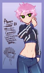 Rule 34 | 1boy, 1girl, :|, abs, blush, closed mouth, cropped legs, denim, ear piercing, green eyes, highres, jeans, long hair, looking at viewer, navel, neck, original, pants, piercing, purple hair, simple background, sweater, tenk, tongue, tongue out