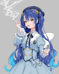 Rule 34 | 1girl, absurdres, ahoge, amamiya kokoro, artist request, bell, beret, black ribbon, blue hair, blue hat, blue shirt, blue skirt, buttons, cigarette, cigarette pack, cowboy shot, double-breasted, grey background, hair bell, hair between eyes, hair ornament, hair ribbon, hat, highres, holding, holding cigarette, jingle bell, long hair, long sleeves, neck ribbon, nijisanji, open mouth, ribbon, shirt, simple background, skirt, smoke, smoking, solo, two side up, virtual youtuber, x hair ornament, yellow eyes