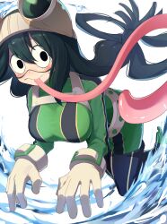 Rule 34 | 1girl, absurdres, asui tsuyu, bitseon, black bodysuit, black eyes, black hair, blush, bodysuit, boku no hero academia, breasts, frog girl, gloves, goggles, goggles on head, green bodysuit, hair between eyes, hair rings, highres, large breasts, long hair, long tongue, looking at viewer, low-tied long hair, multicolored bodysuit, multicolored clothes, smile, solo, tongue, tongue out, water, white background, white gloves