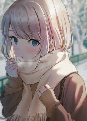 Rule 34 | 1girl, adjusting clothes, beige neckwear, beige scarf, blue eyes, blurry, blurry background, blush, breath, brown jacket, enpera, fence, highres, hyuuga azuri, jacket, long sleeves, looking at viewer, medium hair, open mouth, original, outdoors, pink hair, railing, scarf, sleeves past wrists, solo, sweater, swept bangs, tree, upper body