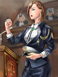 Rule 34 | 1girl, aiguillette, brown hair, clenched hand, commentary request, earrings, hat, unworn hat, unworn headwear, holding, holding hat, instant loss, jewelry, microphone, military, military uniform, original, peaked cap, pencil skirt, satoimo (jia64097023), skirt, solo focus, uniform
