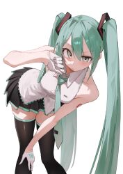 1girl 200f_(nifu) absurdres black_skirt black_thighhighs collarbone collared_shirt gloves green_eyes green_necktie grey_hair hair_between_eyes hair_ornament hand_on_own_knee hatsune_miku highres leaning_forward long_hair looking_at_viewer necktie number_tattoo pleated_skirt raised_eyebrow shirt skirt sleeveless sleeveless_shirt tattoo thighhighs twintails very_long_hair vocaloid white_gloves white_shirt