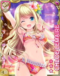 Rule 34 | 1girl, arm up, armpits, bikini, blonde hair, blue eyes, breasts, calling, character name, chloe lemaire, cleavage, cloud, day, floral print, flower, girlfriend (kari), hair flower, hair ornament, hand to own mouth, long hair, navel, official art, one eye closed, open mouth, outdoors, palm tree, print bikini, qp:flapper, scrunchie, side-tie bikini bottom, sky, smile, solo, swimsuit, tree, wrist scrunchie