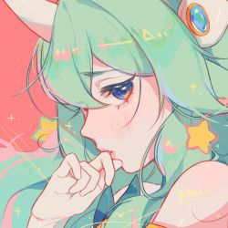 Rule 34 | 1girl, bare shoulders, blue eyes, blush, from side, green hair, hair ornament, hand up, highres, horns, league of legends, looking at viewer, profile, red background, ruan chen yue, sideways glance, single horn, solo, soraka (league of legends), star (symbol), star guardian (league of legends), star guardian soraka