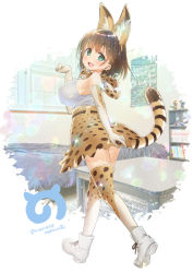Rule 34 | 10s, 1girl, :d, ai-chan (tawawa), animal ears, aqua eyes, artist name, bare shoulders, bed, bedroom, blush, bookshelf, boots, bow, bowtie, breasts, brown hair, clenched hand, cosplay, elbow gloves, english text, fake animal ears, from behind, from side, full body, getsuyoubi no tawawa, gloves, head tilt, high-waist skirt, japari symbol, kemono friends, large breasts, looking back, nanase meruchi, open mouth, paw pose, poster (object), serval (kemono friends), serval (kemono friends) (cosplay), serval print, serval tail, shirt, short hair, signature, skirt, sleeveless, sleeveless shirt, smile, solo, striped tail, tail, thighhighs, twitter username, white background, white footwear, white shirt, window