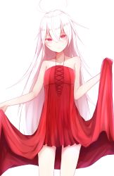 Rule 34 | 1girl, ahoge, albino, bare shoulders, dress, hair between eyes, hanetsuki touka, head tilt, highres, holding, holding clothes, holding dress, long hair, looking at viewer, mess, original, pale skin, red dress, red eyes, skinny, sleeveless, sleeveless dress, solo, unkempt, very long hair, white hair