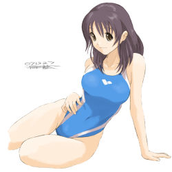 Rule 34 | 1girl, arm support, black hair, brown hair, competition swimsuit, highleg, highleg swimsuit, long hair, non-web source, one-piece swimsuit, original, short hair, single vertical stripe, sitting, solo, swimsuit, yellow eyes