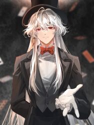 Rule 34 | 1boy, absurdres, azou324687, bishounen, bow, bowtie, colored skin, earrings, formal, highres, jewelry, long hair, looking at viewer, male focus, pale skin, pink eyes, reaching, reaching towards viewer, red bow, red bowtie, smile, solo, suit, thriller trainee, very long hair, white hair, white skin, zong jiu