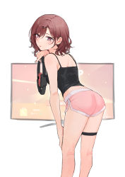Rule 34 | 1girl, absurdres, ass, bare arms, black shirt, brown hair, camisole, feet out of frame, from behind, hair behind ear, hair between eyes, hair ornament, hairclip, hand on own thigh, highres, higuchi madoka, holding, leaning forward, looking at viewer, looking back, medium hair, mole, mole under eye, nail polish, nonbire, pink eyes, pink nails, pink shorts, ring-con, ring fit adventure, shirt, shorts, solo, standing, sweat, thigh strap