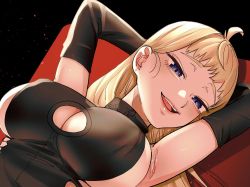 Rule 34 | 1girl, armpits, arms behind head, black dress, black gloves, blonde hair, blue eyes, breasts, cleavage, cleavage cutout, clothing cutout, commentary, detached sleeves, dosanko gal wa namaramenkoi, dress, elbow gloves, english commentary, fuyuki minami, gloves, hair behind ear, halter dress, halterneck, highres, ikada kai, large breasts, long hair, looking at viewer, lying, mixed-language commentary, on back, open mouth, paid reward available, short bangs, smile, solo