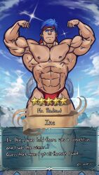 1boy abs ave-moan-ia_(lycanretweet) bara biceps blue_eyes blue_hair bodybuilder double_biceps_pose english_text fire_emblem fire_emblem:_radiant_dawn fire_emblem_heroes five_star flexing highres ike_(fire_emblem) large_pectorals male_focus male_underwear muscular muscular_male nintendo nipples pectorals red_male_underwear short_hair topless_male twitter_username underwear underwear_only