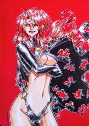 Rule 34 | 1girl, absurdres, bdsm, bikini, bondage, bound, breasts, cape, cleavage, cleavage cutout, clothing cutout, copic (brand), goblinqueeen, green eyes, highres, jewelry, large breasts, leather, leather suit, long hair, looking at viewer, madelyne pryor, marker (medium), marvel, non-web source, pectoral cleavage, pectorals, red background, red hair, red hair demon girl (mdf an), retro artstyle, solo, swimsuit, torn clothes, traditional media, underboob, underboob cutout, x-men