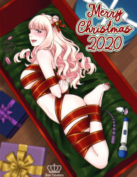 Rule 34 | 1girl, 2020, anal beads, arms behind back, artist name, bdsm, blonde hair, blush, bondage, bound, box, breasts, butt plug, egg vibrator, gift, gift box, highres, hime takamura, hitachi magic wand, large breasts, lying, merry christmas, nail polish, naked ribbon, on side, open mouth, original, purple eyes, red nails, ribbon, sex toy, smile, solo, thyra teravathinia, toenail polish, toenails, vibrator, watermark
