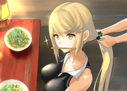 Rule 34 | 1boy, 1girl, alternate costume, artist request, bad id, bad pixiv id, blonde hair, blush, breasts, dolling60883582, dollinger, earrings, food, jewelry, lamp, large breasts, long hair, looking at viewer, mythra (xenoblade), nintendo, plate, ponytail, shirt, swept bangs, table, xenoblade chronicles (series), xenoblade chronicles 2, yellow eyes
