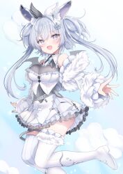 Rule 34 | 1girl, animal ears, boots, breasts, cloud, cloud background, commission, crown earrings, demon girl, demon wings, dress, dropping, earrings, foot out of frame, grey eyes, grey hair, hair ornament, hair over shoulder, hairpin, highres, indie virtual youtuber, jewelry, kimino aruji, kurage cc, long hair, makeup, miniskirt, necklace, off-shoulder dress, off shoulder, open mouth, rouge (makeup), skeb commission, skirt, solo, strapless, strapless dress, twintails, very long hair, virtual youtuber, white dress, white footwear, wing hairpin, wings