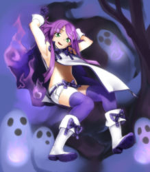 Rule 34 | 1girl, armpits, boots, borrowed character, bow, floating, full body, ghost, girutea, gloves, green eyes, isabelle (acerailgun), long hair, looking at viewer, navel, open mouth, original, purple hair, purple theme, shoe soles, short shorts, shorts, solo, thighhighs, tree