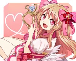 Rule 34 | 1girl, blonde hair, bloomers, border, chaos marie (grimms notes), cu-sith, gradient background, grimms notes, hair ribbon, heart, heart-shaped pupils, holding, holding wand, holding weapon, jewelry, long hair, open mouth, pendant, pink background, pink eyes, puffy short sleeves, puffy sleeves, ribbon, short sleeves, smile, sparkle, symbol-shaped pupils, underwear, wand, weapon, white border, wings