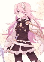 Rule 34 | bad id, bad pixiv id, cowboy shot, dagger, fire emblem, fire emblem fates, flower, gloves, highres, holding, holding sword, holding weapon, knife, long hair, nintendo, pantyhose, pink eyes, pink hair, simple background, soleil (fire emblem), solo, sushitarou, sword, upper body, weapon, white background