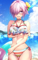 Rule 34 | 1girl, bare shoulders, bikini, breasts, cleavage, collarbone, fate/grand order, fate (series), hair over one eye, herigaru (fvgyvr000), highres, large breasts, light purple hair, looking at viewer, mash kyrielight, mash kyrielight (swimsuit of perpetual summer ver.02), multicolored bikini, multicolored clothes, navel, official alternate costume, purple eyes, rainbow bikini, see-through, short hair, solo, striped bikini, striped clothes, swimsuit, thighs