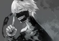 Rule 34 | 1boy, black bodysuit, black nails, blurry, bodysuit, commentary request, covered mouth, covering nose, eyepatch, unworn eyepatch, fingernails, grey background, grey eyes, greyscale, hair between eyes, half mask, highres, kaneki ken, long neck, looking at viewer, male focus, mask, monochrome, mouth mask, nail polish, pointing, pointing up, short hair, simple background, solo, tokyo ghoul, white hair, yoshio (55level)