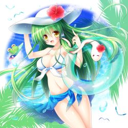 Rule 34 | 1girl, bikini, blonde hair, blue sky, breasts, cleavage, closed eyes, cloud, day, female focus, flower, frog hair ornament, front-tie top, green hair, hair ornament, hat, hat flower, hibiscus, highres, kochiya sanae, large breasts, long hair, navel, one eye closed, open mouth, osashin (osada), palm tree, sarong, shiny skin, sky, smile, snake hair ornament, solo, surfboard, swimsuit, thigh gap, touhou, tree, underboob, very long hair, white bikini